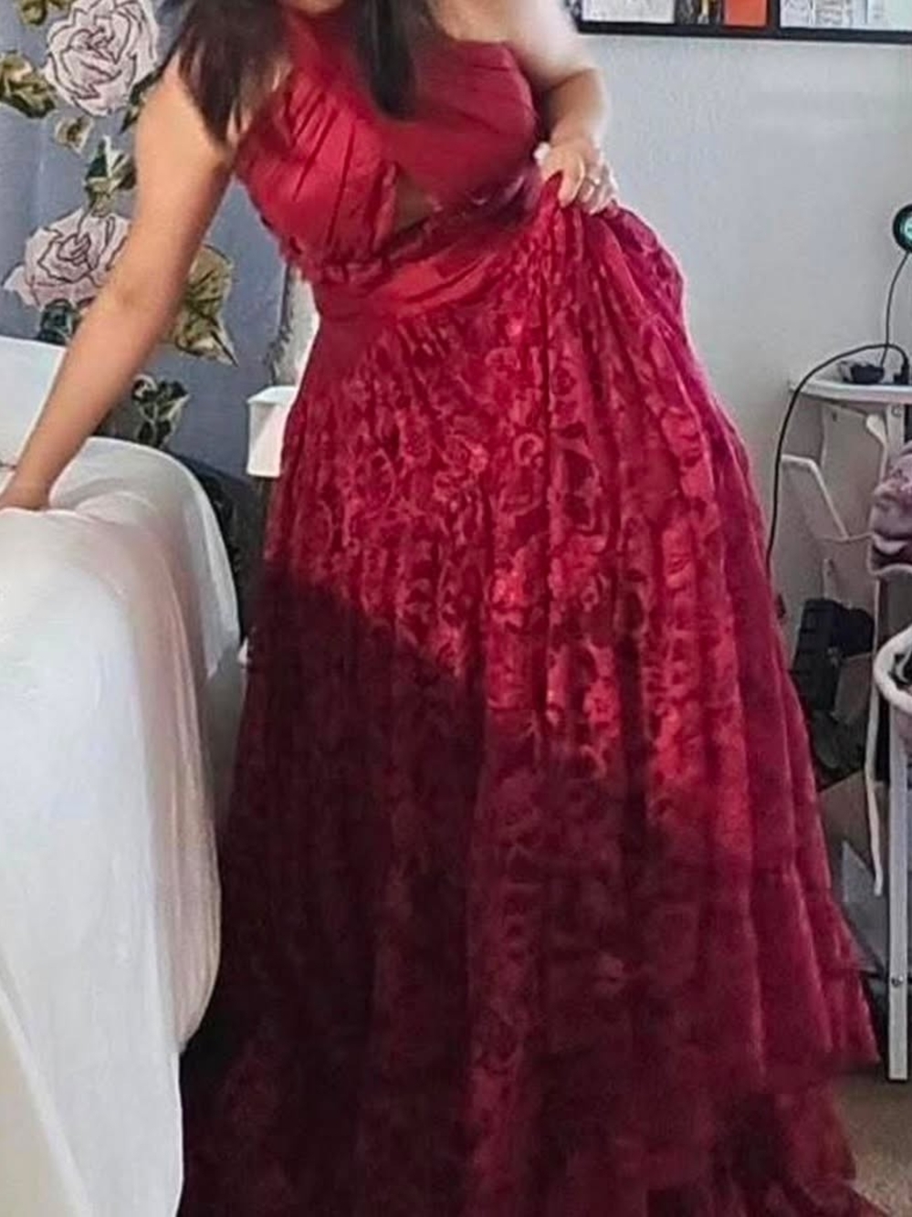 Red Lace Halter Evening Dress - Unbranded